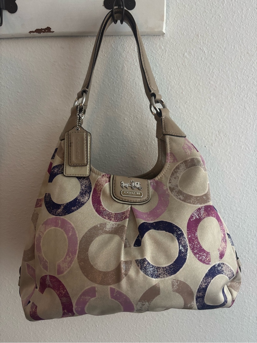 Coach Hobo Bag in Beige with Purple and Navy Circle Print